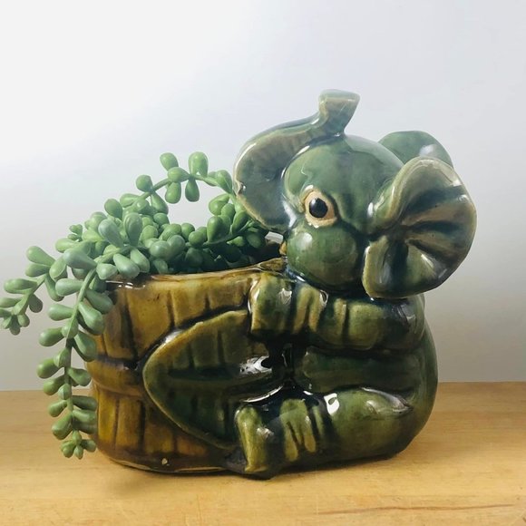Majolica Elephant Planter Trunk Up MCM Heavy Good Luck - Picture 1 of 7
